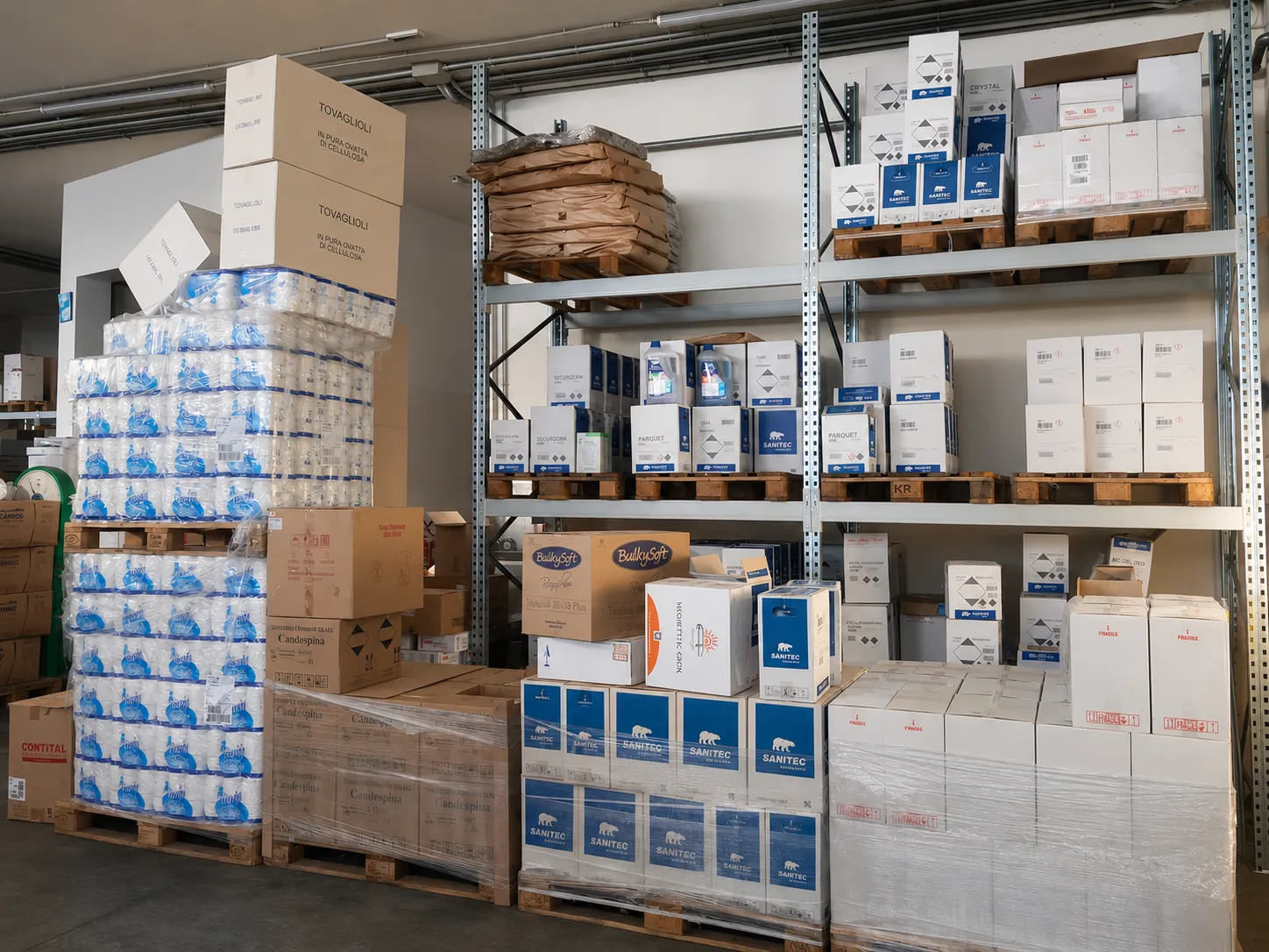 Scaffalature del magazzino Alicart con prodotti per l’igiene professionale